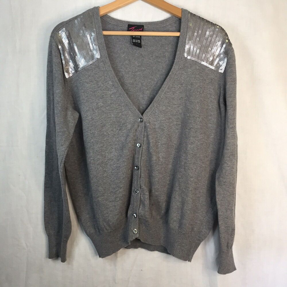 Grey with Sequins V Neck Cardigan Sweater Torrid Size 1 Cotton